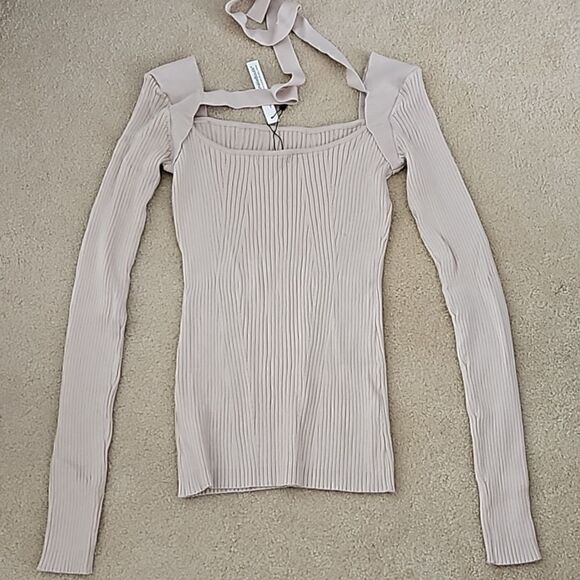 AmélieBoutik Women Square Neck Tie Back Long Sleeve Ribbed Sweater L Cream - Picture 5 of 9